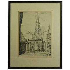 Antique Etching of New York Presbyterian Church by Pierson Underwood, 1938