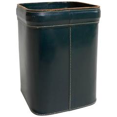 Green Leather Waste Paper Basket, France 1950s