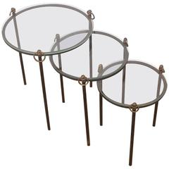 Rare Set of Wrought Iron and Brass Nesting Tables, Attributed to Jacques Adnet