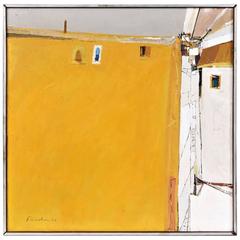 Fischer, Mid-Century Oil on Board with Cityscape Titled Sunhouse