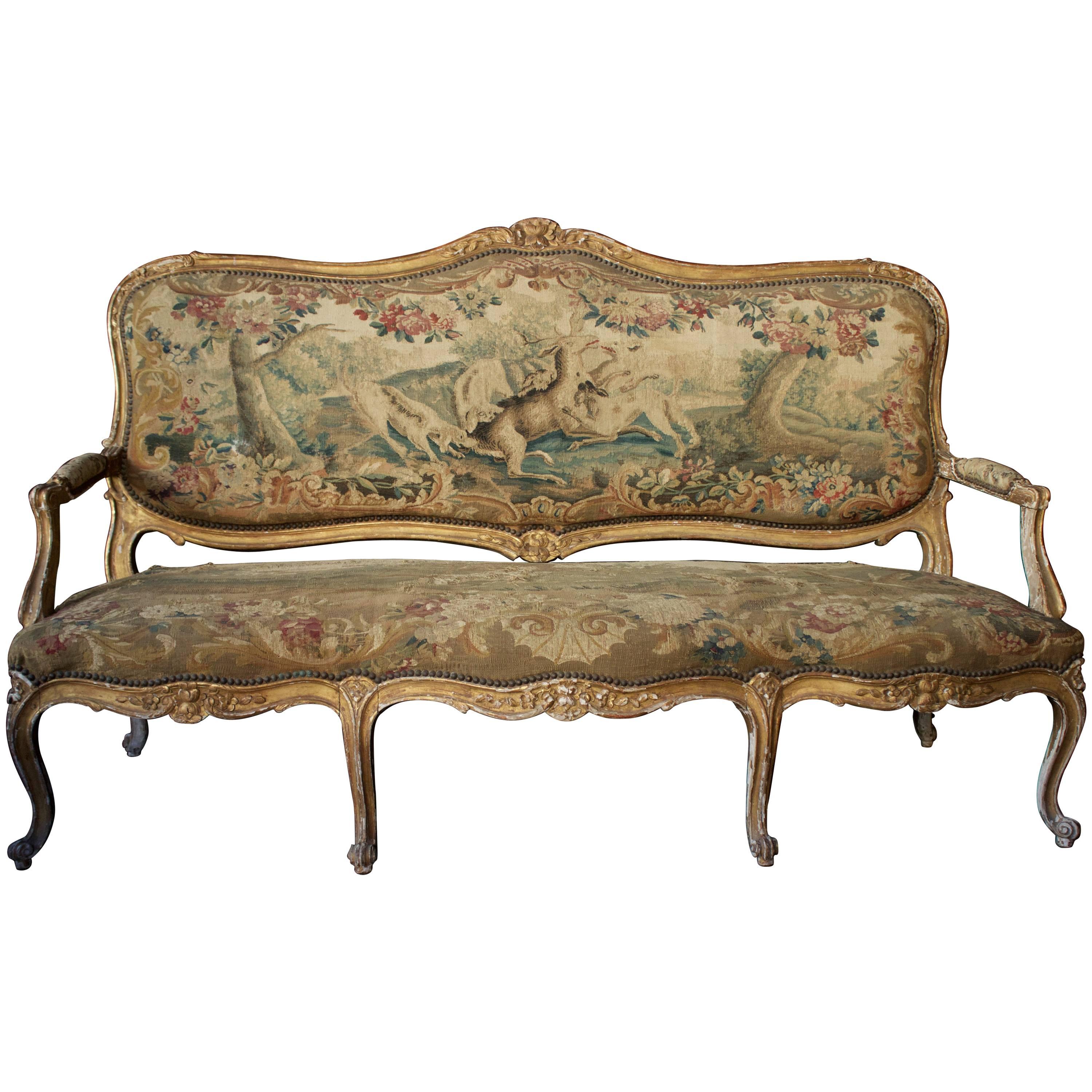 18th Century Louis XV carved and Giltwood Canapé with Original Aubusson Tapestry For Sale