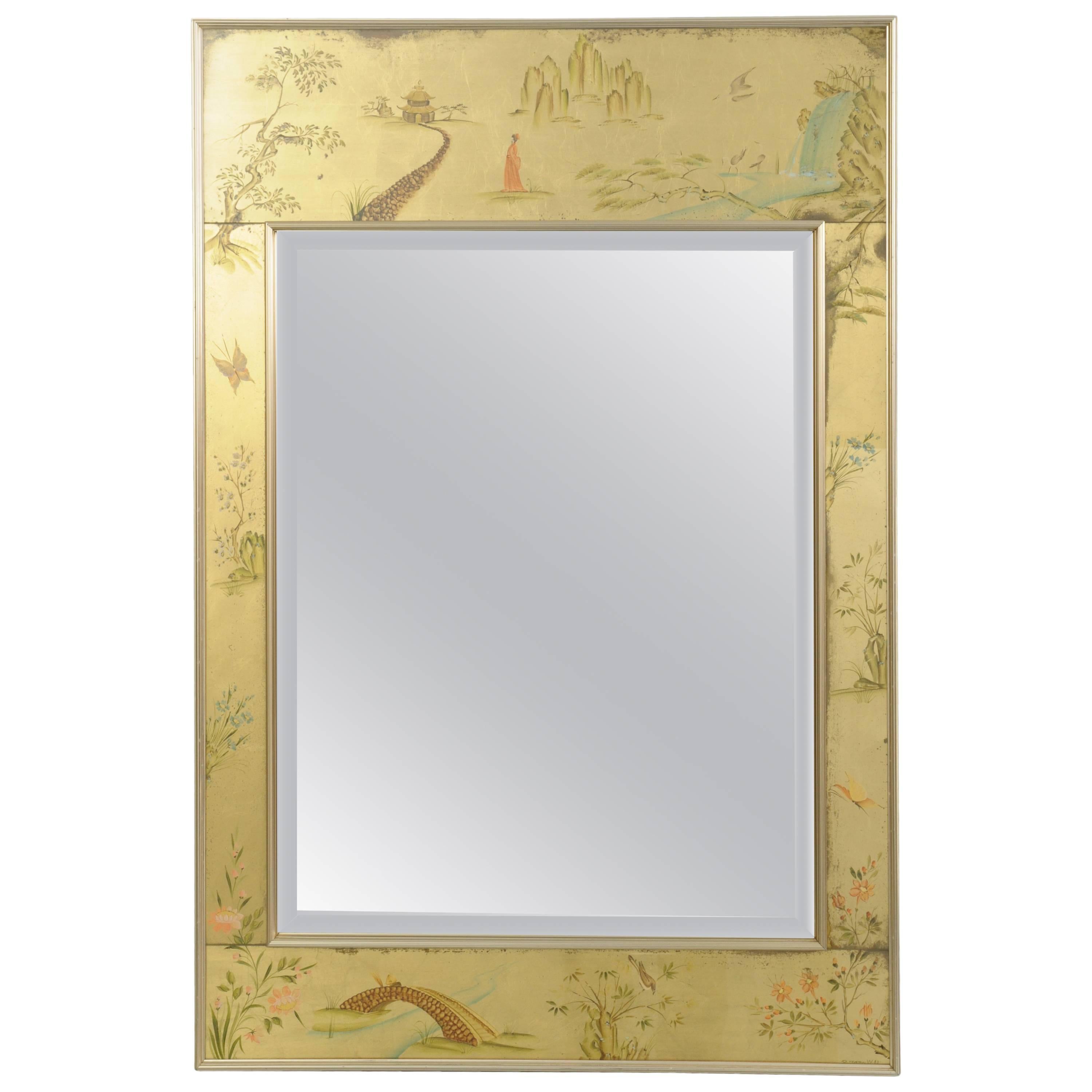 Labarge Chinoiserie Style Gold Églomisé Wall Mirror Reverse Painted Asian Signed