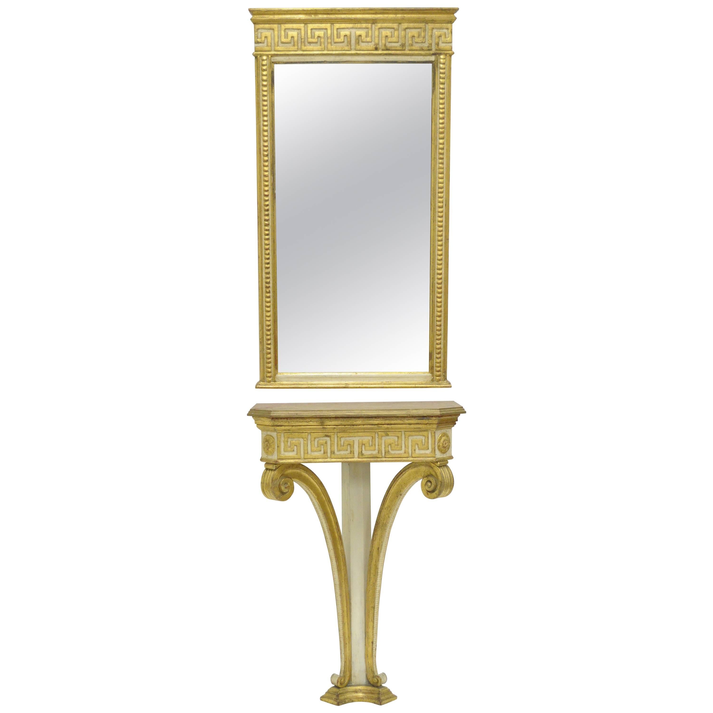 Italian Neoclassical Style Gold Greek Key Wall Mount Console Table and Mirror