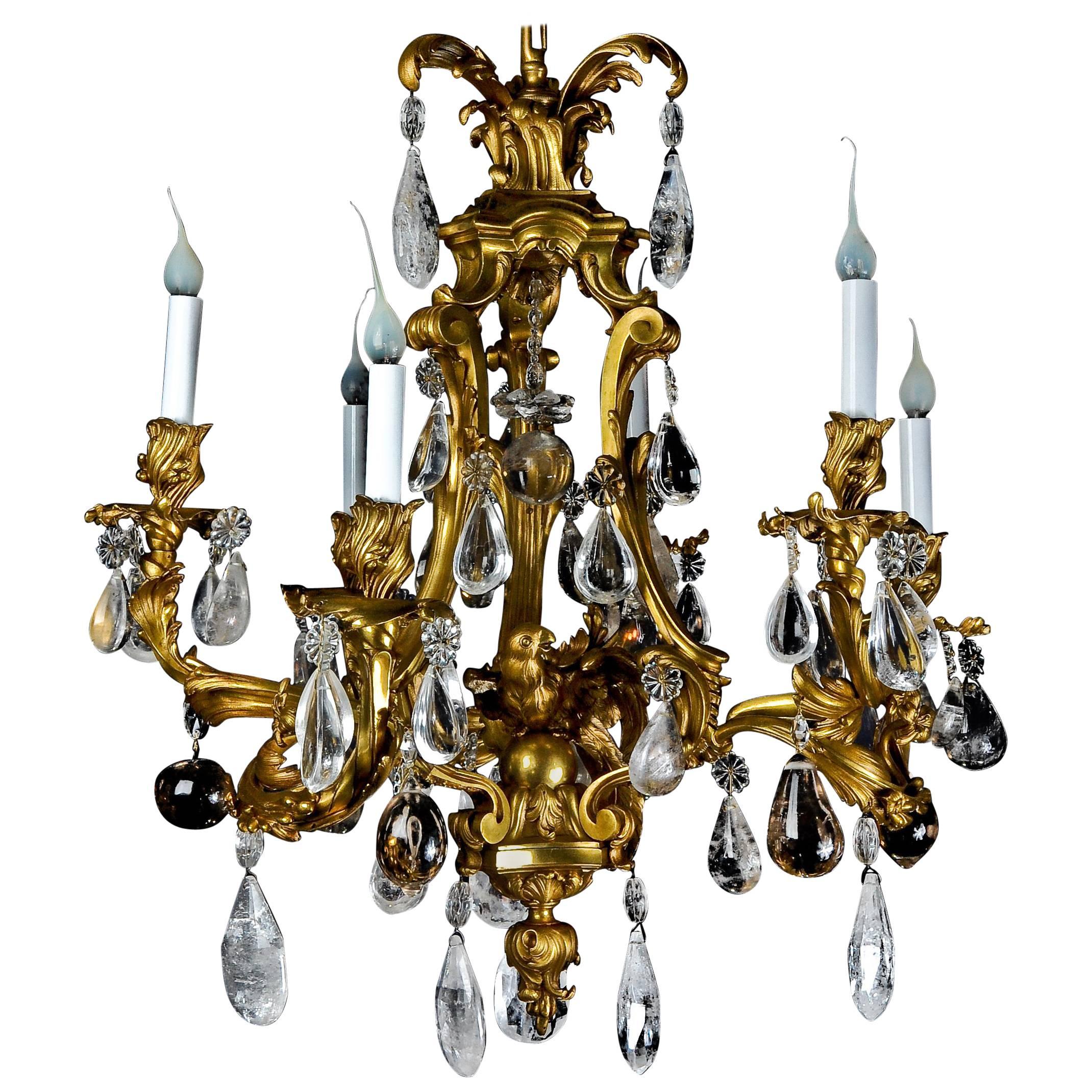 Antique French Louis XVI Style Gilt Bronze and Rock Crystal Parrot Chandelier For Sale