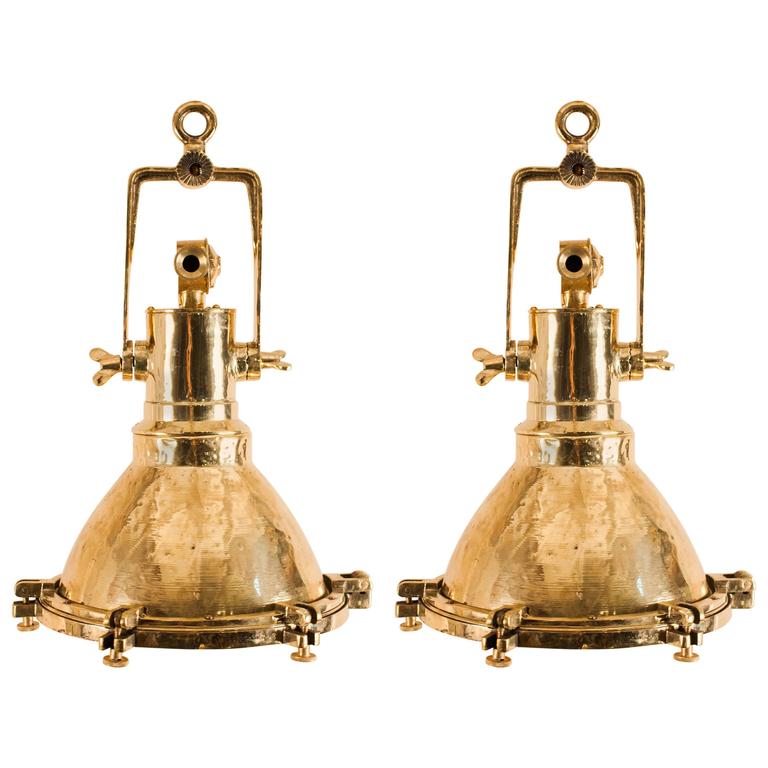 Pair of Vintage Brass Maritime Pendant Lights For Sale at 1stdibs