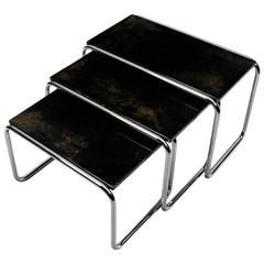 1960´s Set of Nesting Tables, chromed plated metal, stained parchment - France 