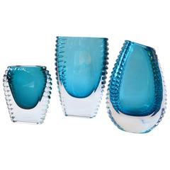 Vintage 1970s Set of Three Turquoise Christal Cut Glass Vases