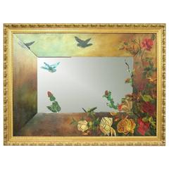 Antique Aesthetic Movement Hand-Painted Wall Mirror, Bluebirds and Roses