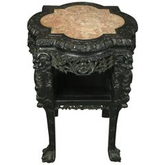 Antique Chinese Carved Ebonized Hardwood Marble Top Stand, 19th Century