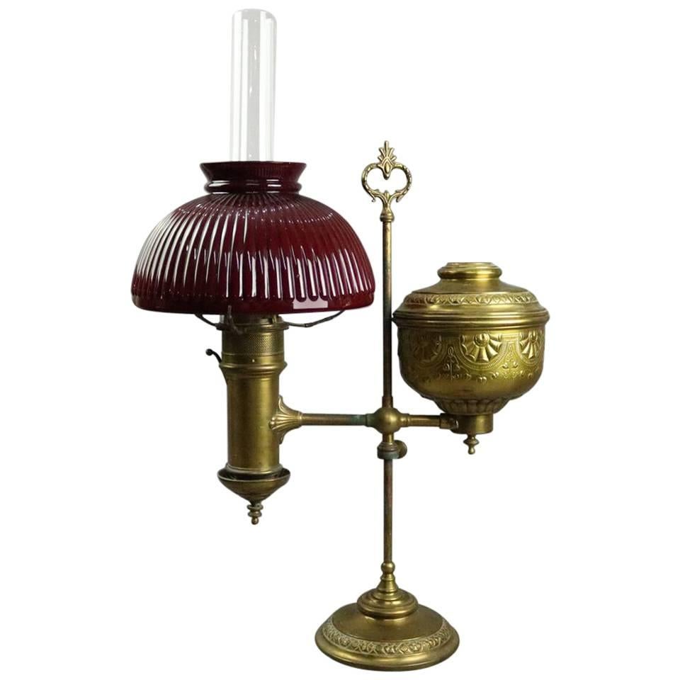 Antique Miller Lamp Co. Embossed Brass Student Lamp, circa 1880