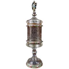 19th Century Austrian Enameled Silver and Hand-Etched Crystal Cup with Cabochons 12