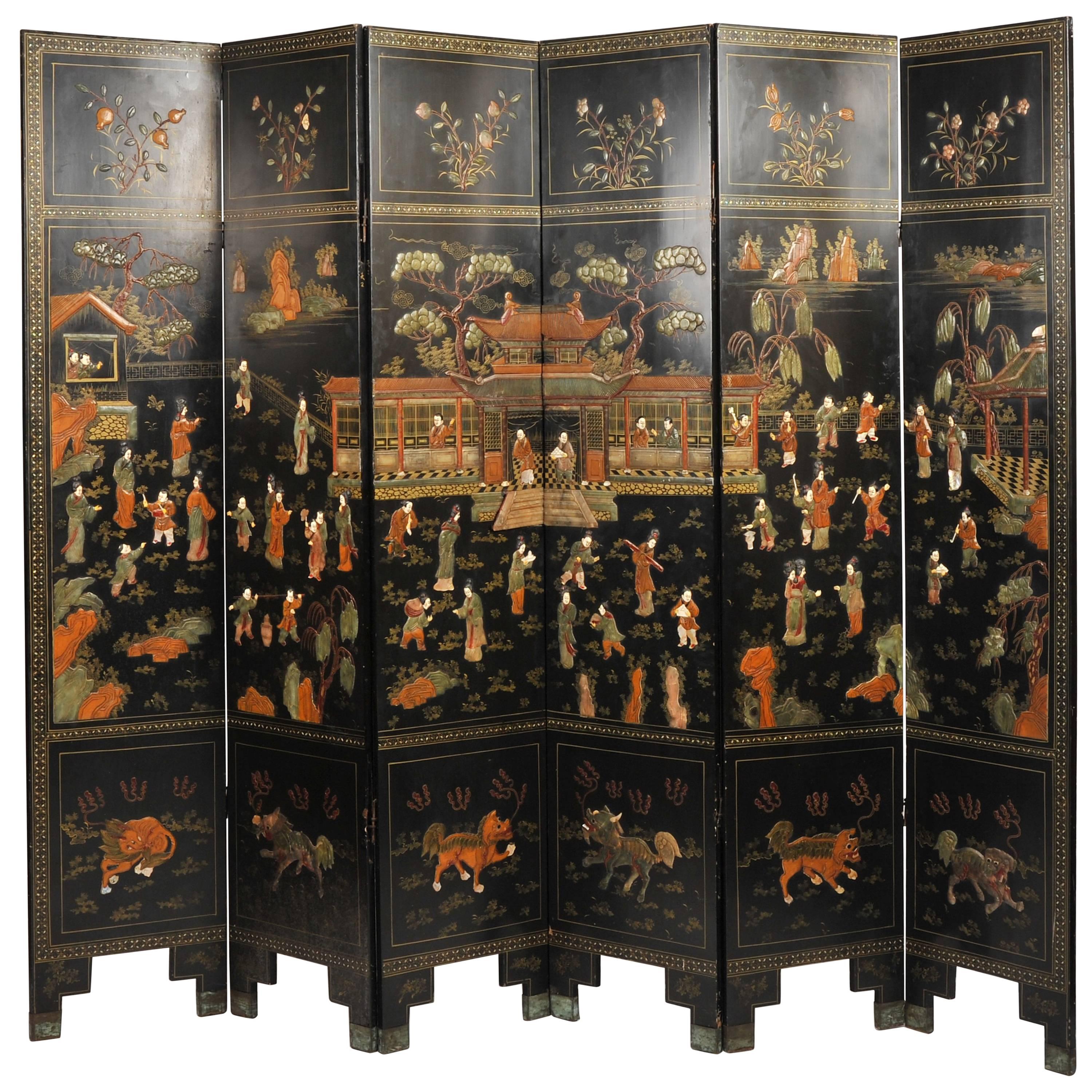 19th Century Black Lacquer Chinese Folding Screen