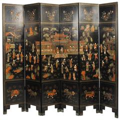 19th Century Black Lacquer Chinese Folding Screen