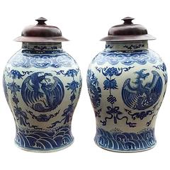 Probably 19th Century Pair of Covered Blue and White Jars