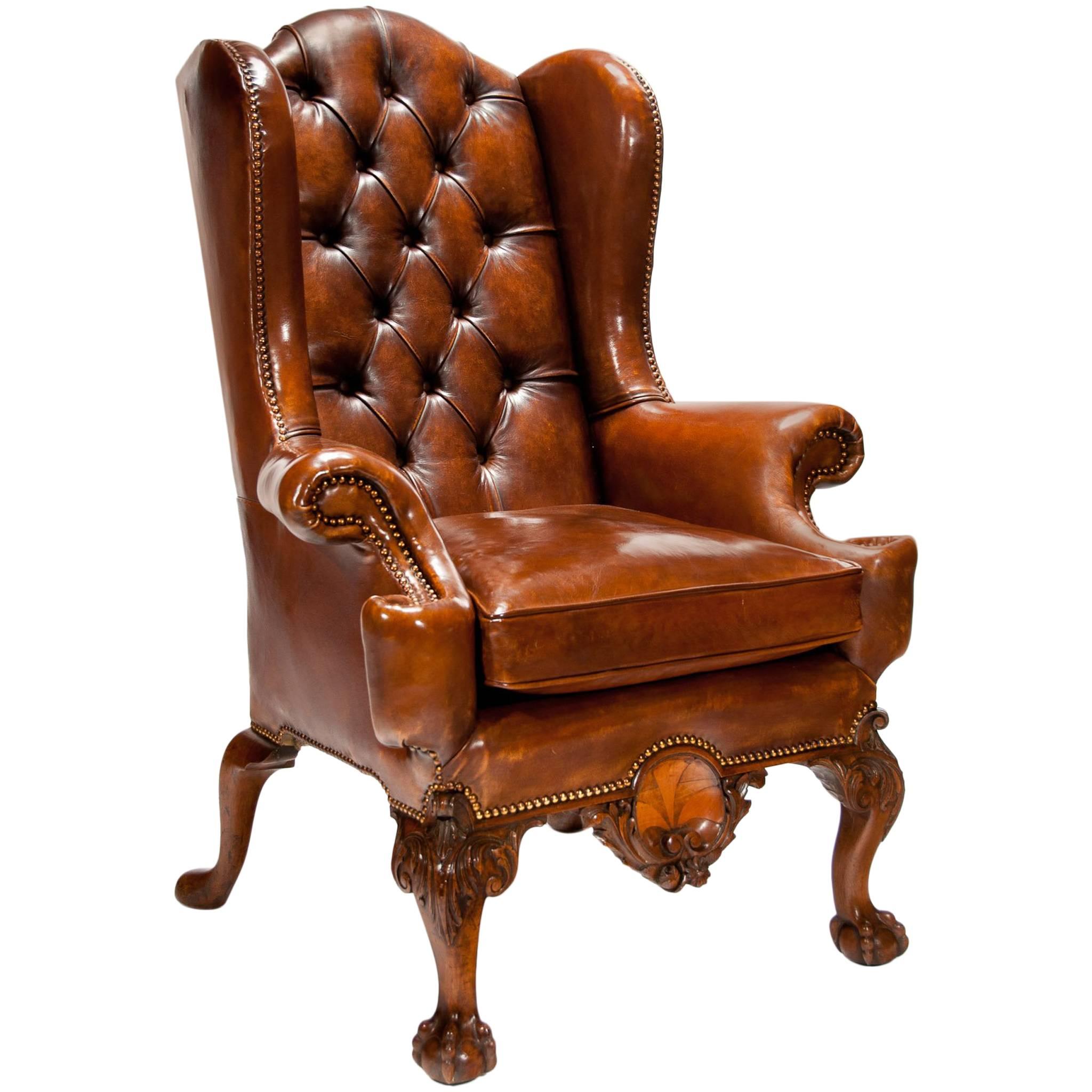 Exceptional 19th Century Walnut Leather Wing Back Armchair