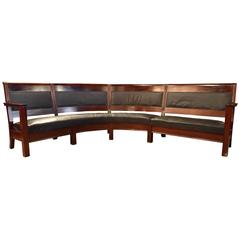 Curved Walnut Courthouse Bench with Leather Uphostery, circa 1920