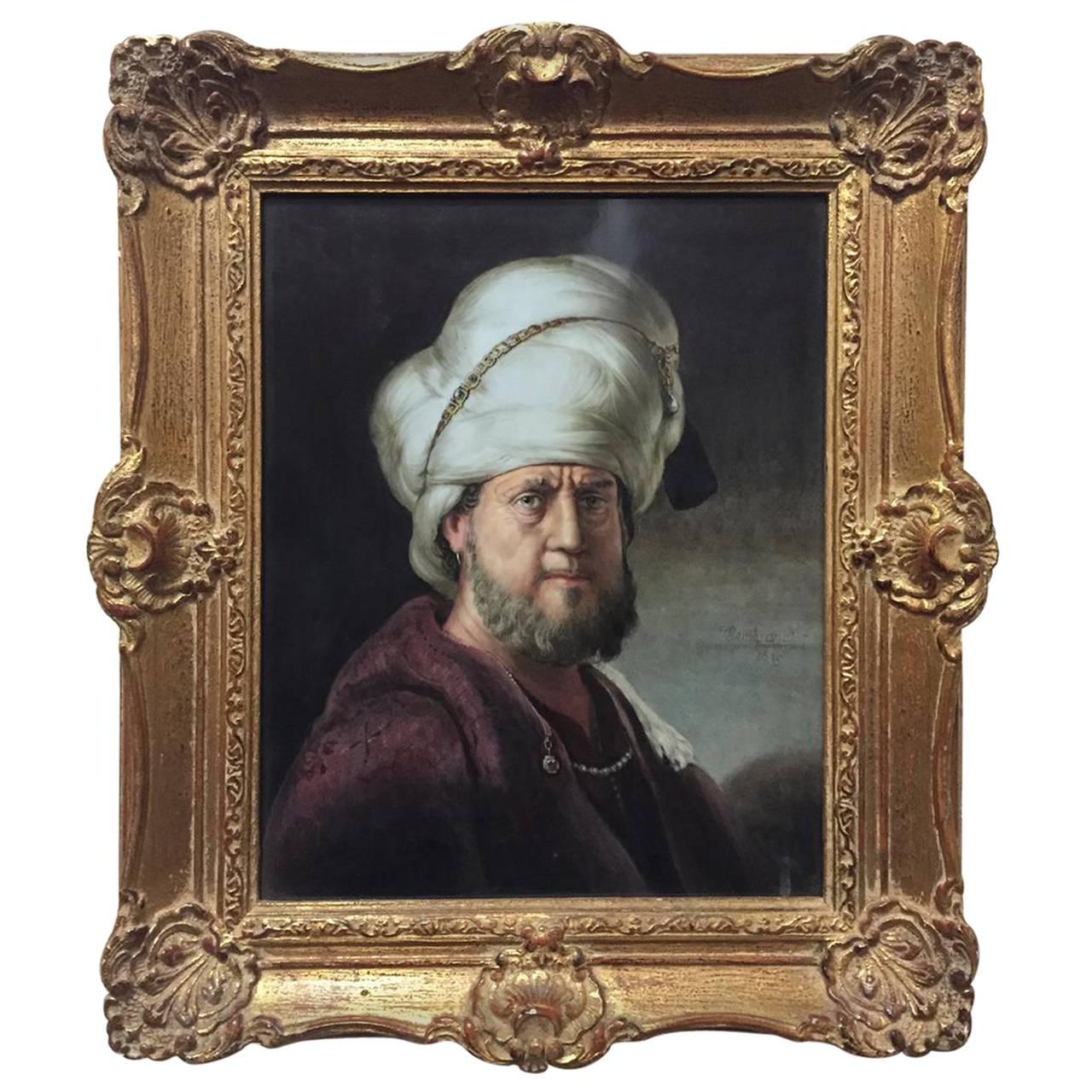 Plaque with Painting After Rembrandt 'a Portrait of a Man in Oriental Garment' For Sale
