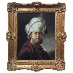 Plaque with Painting After Rembrandt 'a Portrait of a Man in Oriental Garment'
