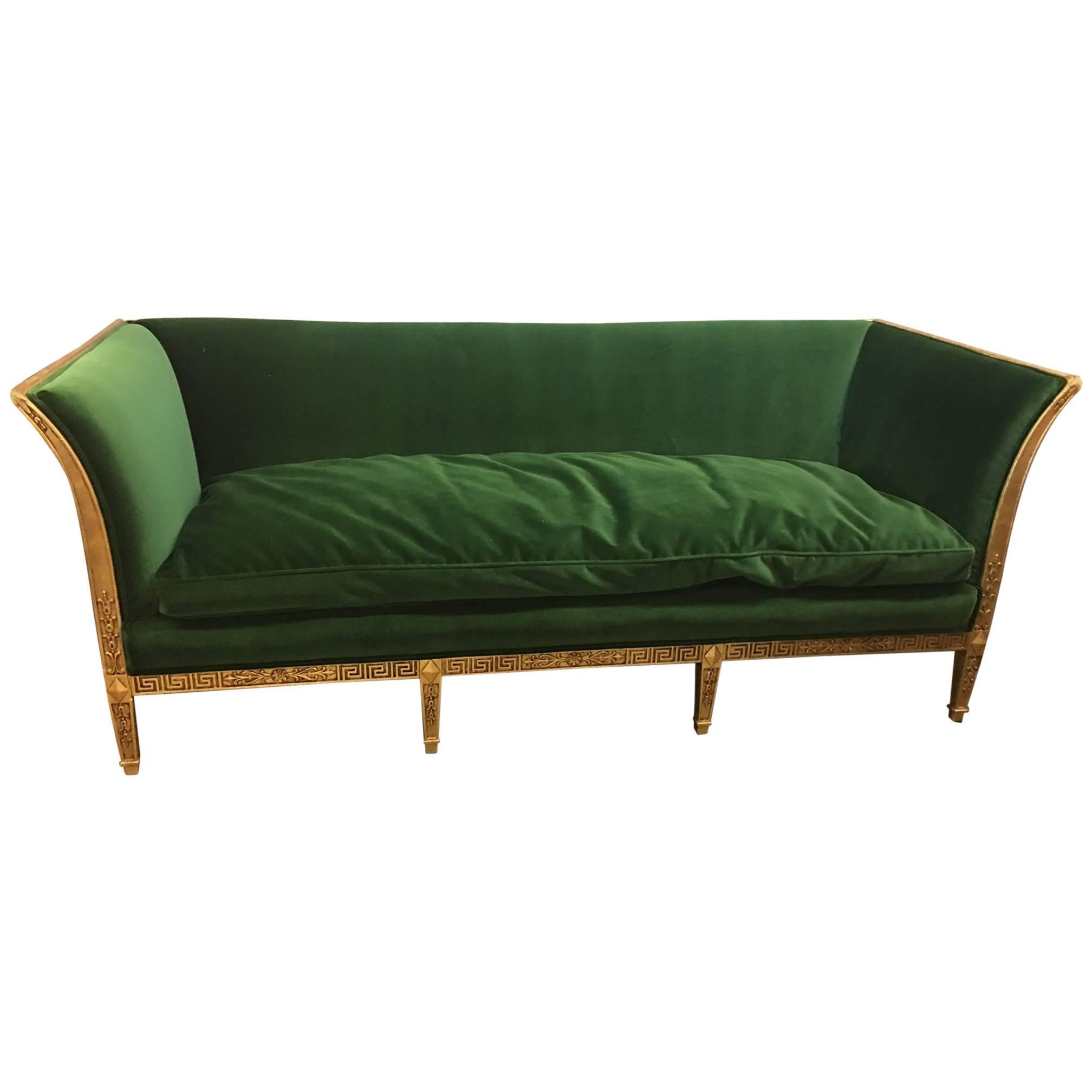 Vintage Green Velvet Sofa with Gold Leaf Trim and Down Cushion