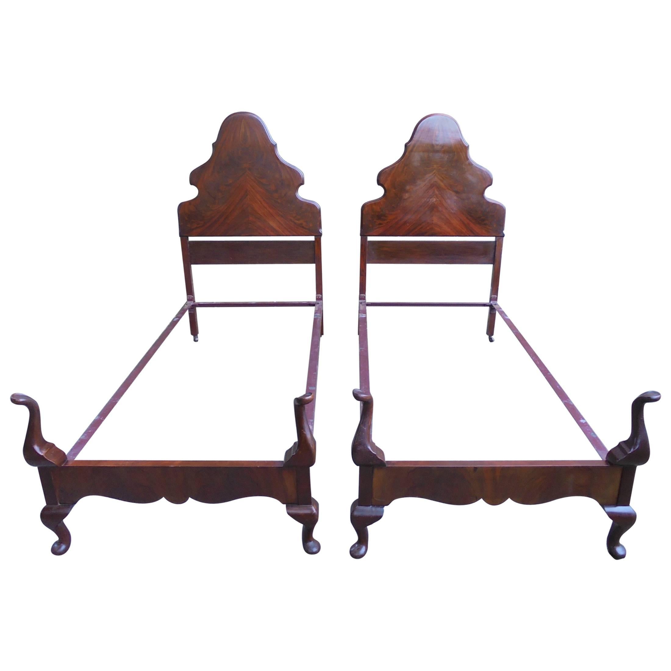 Pair of 1920s Queen Anne Style Mahogany Single Bed Frames