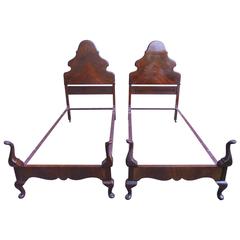 Antique Pair of 1920s Queen Anne Style Mahogany Single Bed Frames