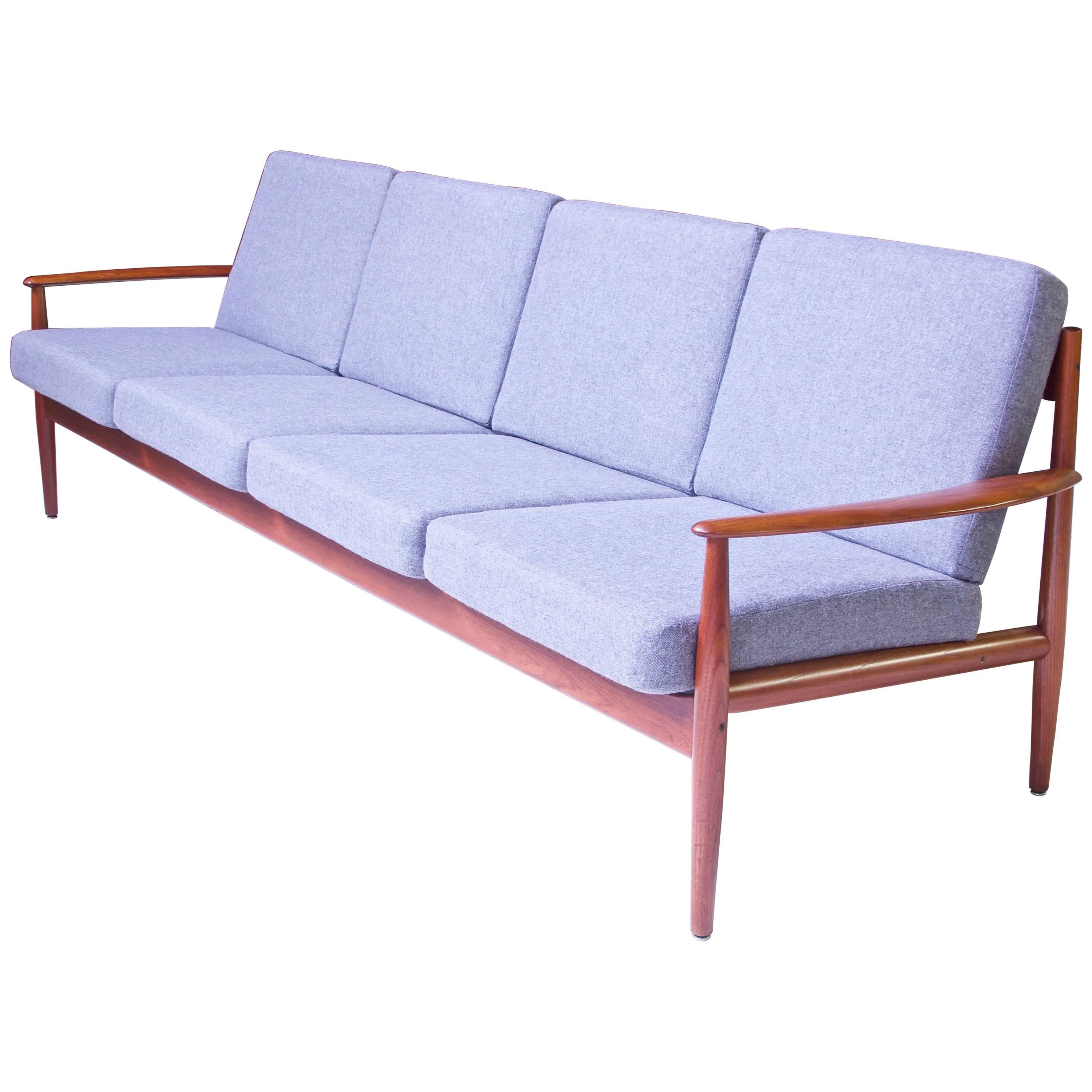 Vintage Grete Jalk Fd-118 Four-Seat Sofa in Teak and Grey Wool, 1960s