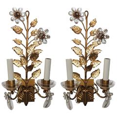 Wonderful Pair Bagues Floral Gilt Crystal Floral Bow Vintage Mid Century Sconces