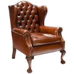 Antique Quality 19th Century Mahogany Tuffed Leather Wing Back Armchair