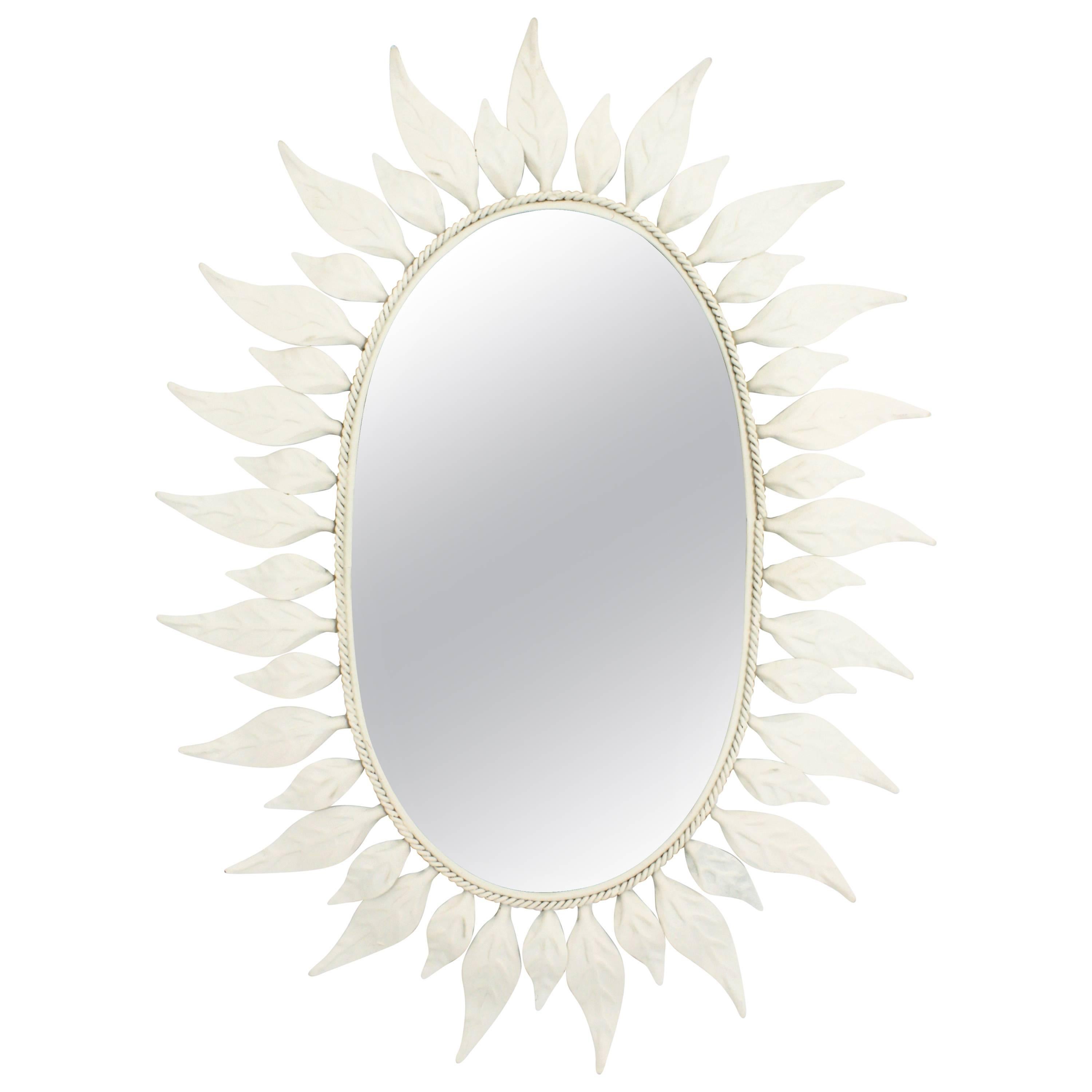 Mediterranean White Painted Iron Sunburst Oval Mirror, Spain, 1960s