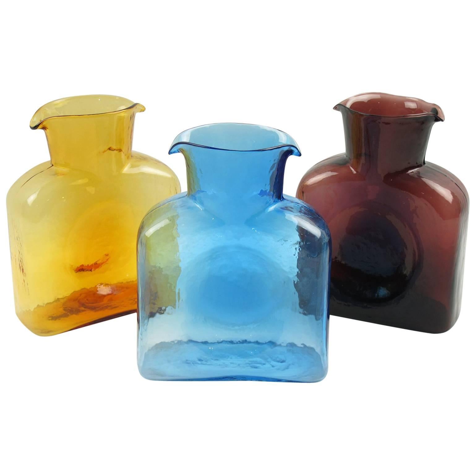 Mid-Century Set of Three Double Spouted Pitchers Decanters by Blenko Glass