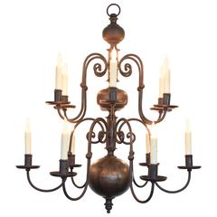 Antique French Twelve-Light Steel Chandelier in the Dutch Style, Early 20th Century