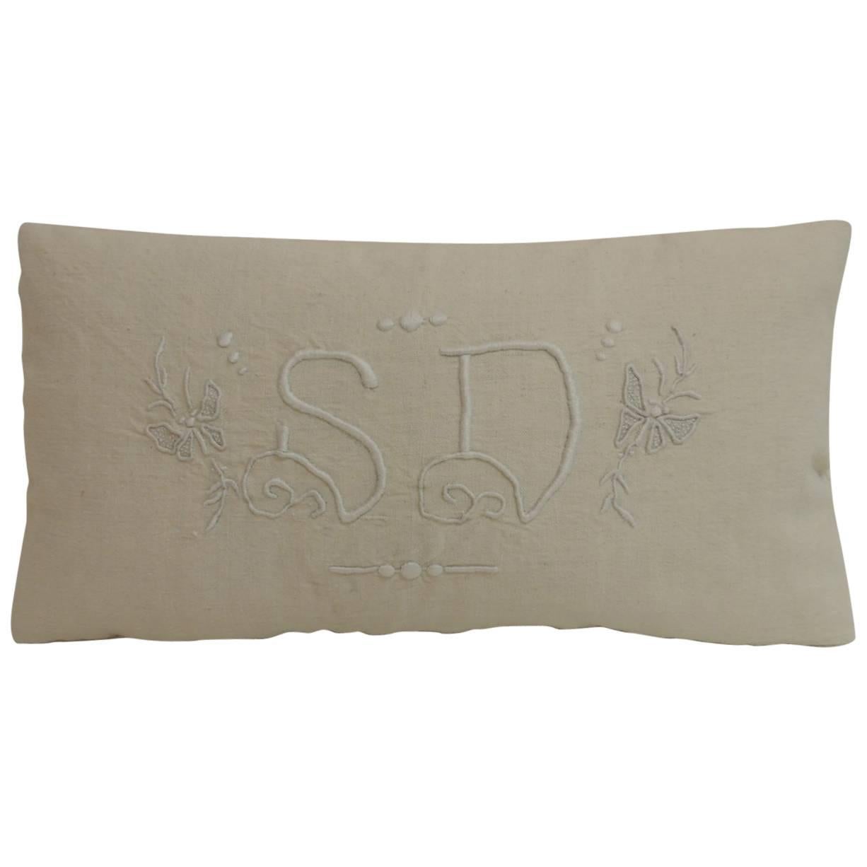 Antique Embroidery and Monogrammed S.D. Petite Lumbar Decorative Pillow