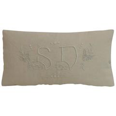 Antique Embroidery and Monogrammed S.D. Petite Lumbar Decorative Pillow