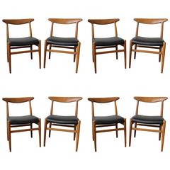 Set of Eight Teak Chairs by Hans Wegner in Black Leather, Model W2