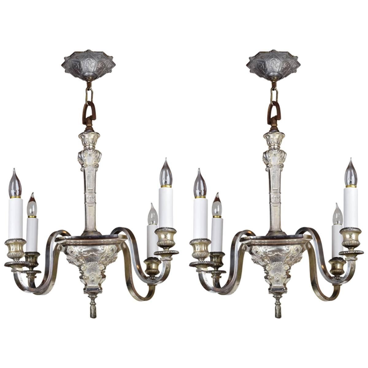 Early 20th Century American Empire Silver Plated Chandelier, Matching Pair