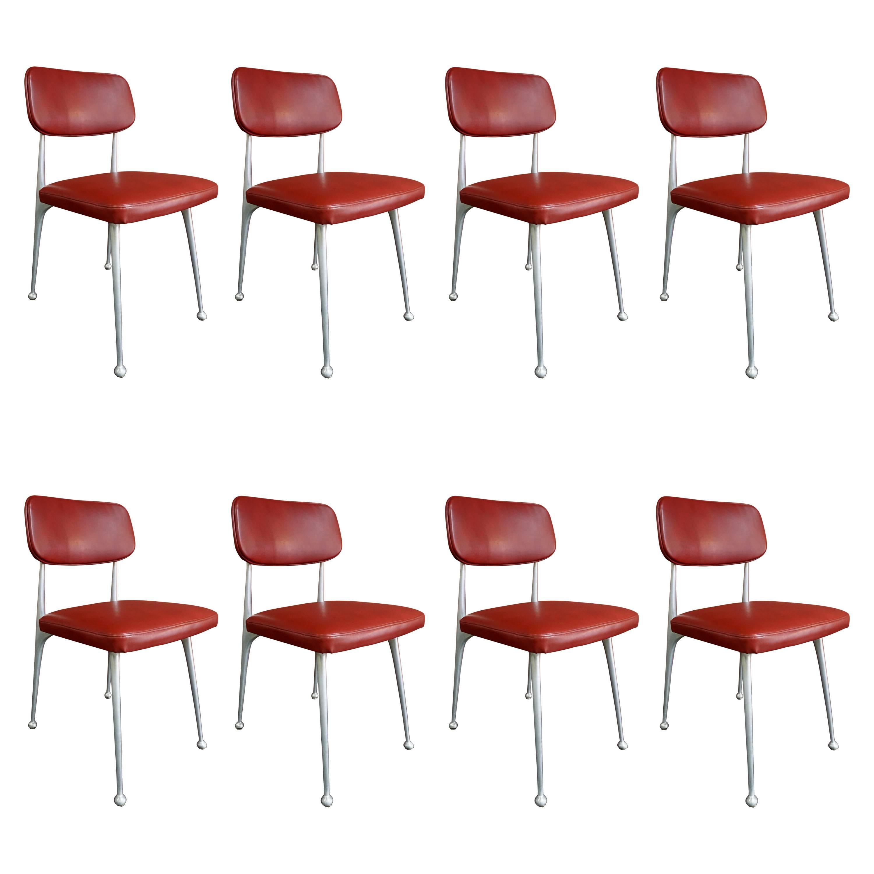 Set of Eight Aluminium and Red Leather Gazelle Chairs