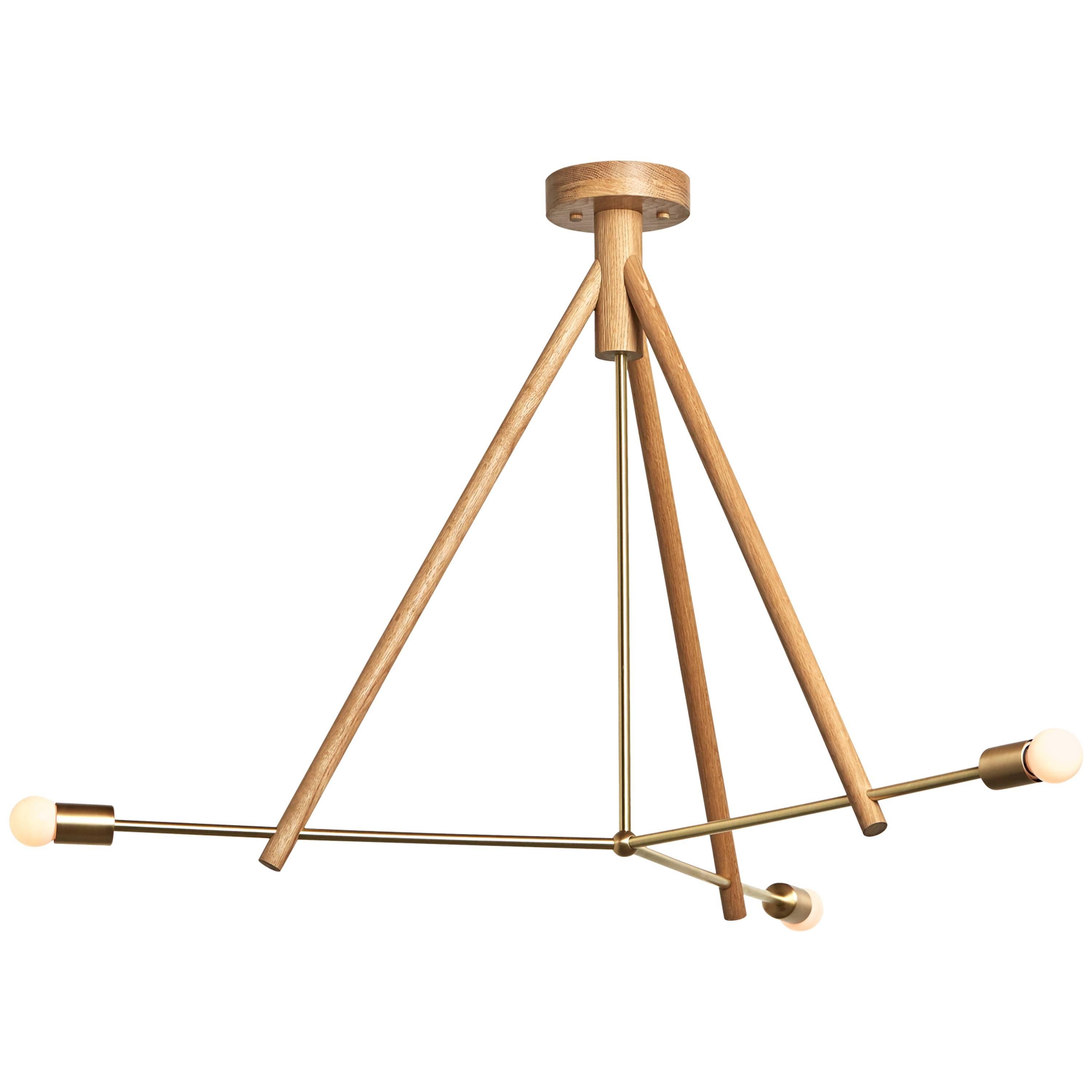 Workstead Lodge Chandelier Three in Natural Oak and Brass  For Sale