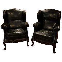 Antique Pair of 19th Century Black Leather Wing Back Armchairs