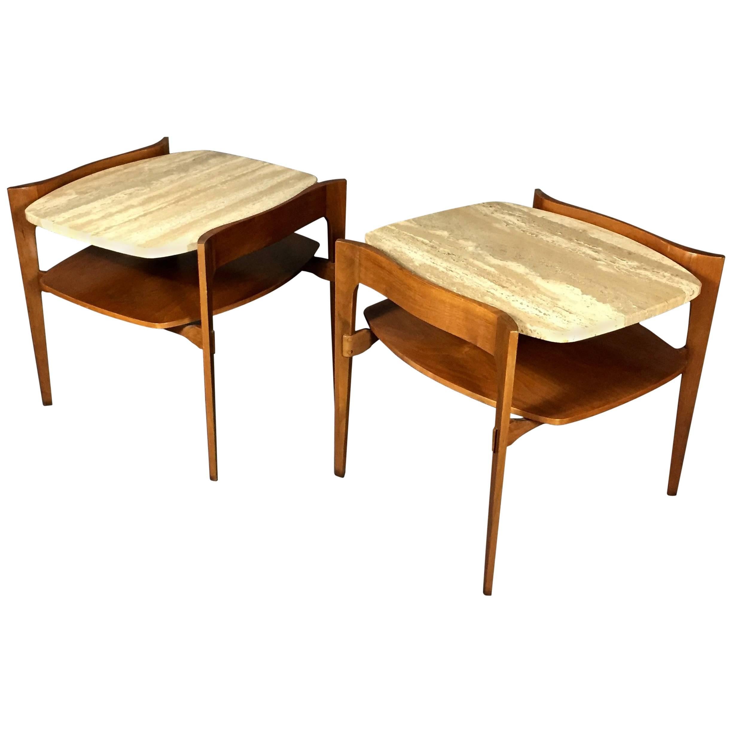 Pair of Italian Travertine and Walnut End Tables, Walker Zanger, 1960s