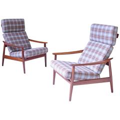 Pair of Arne Vodder FD-164 Reclining Lounge Chairs in Teak and Plaid Wool