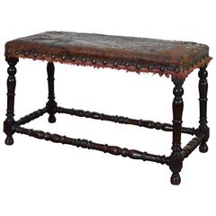 Italian Turned Walnut and Leather Upholstered Bench, Early 18th Century