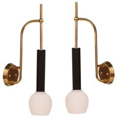 Pair of Wall Mounted Brass Glass and Steel Sconces