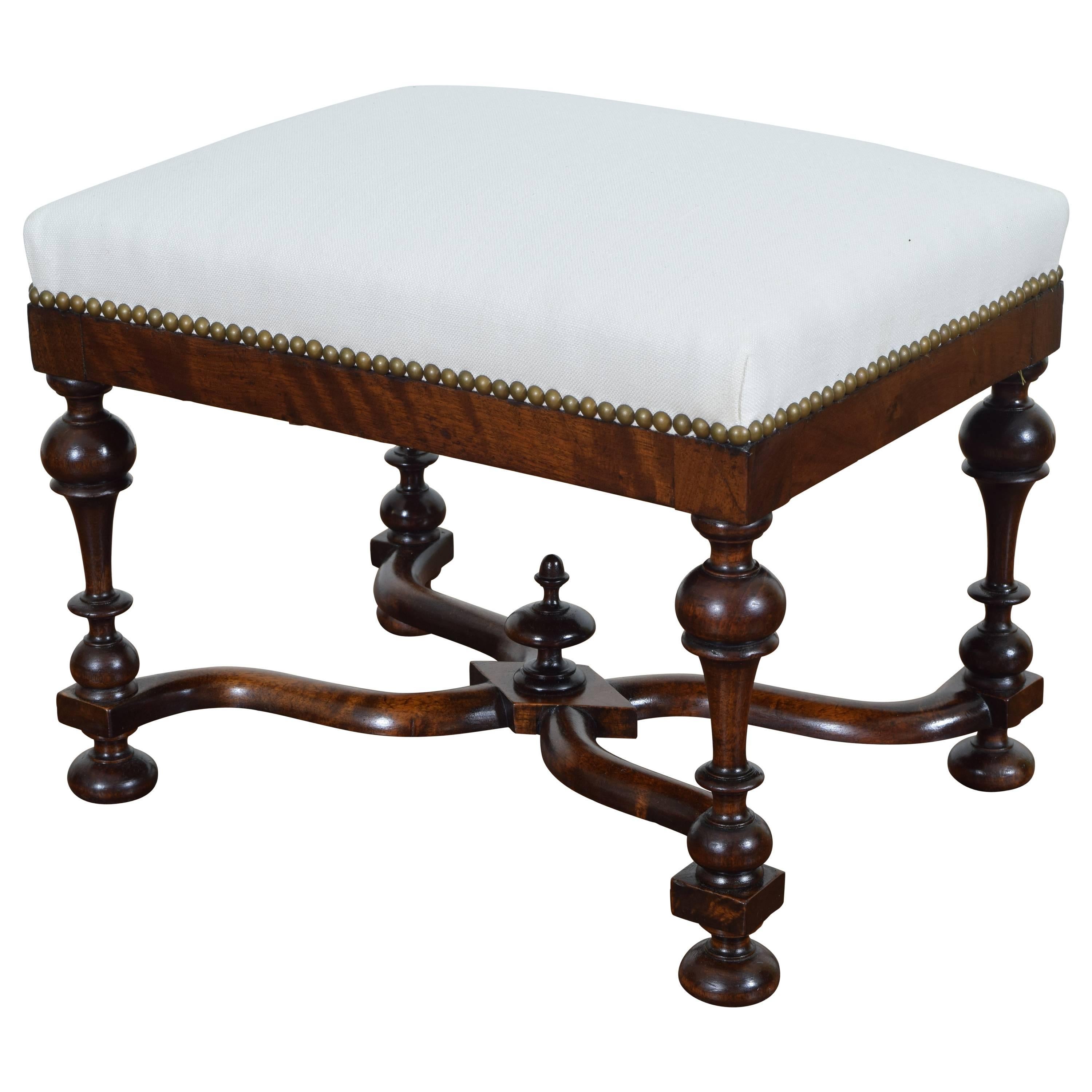 French Louis XIII Style Turned Walnut and Upholstered Bench