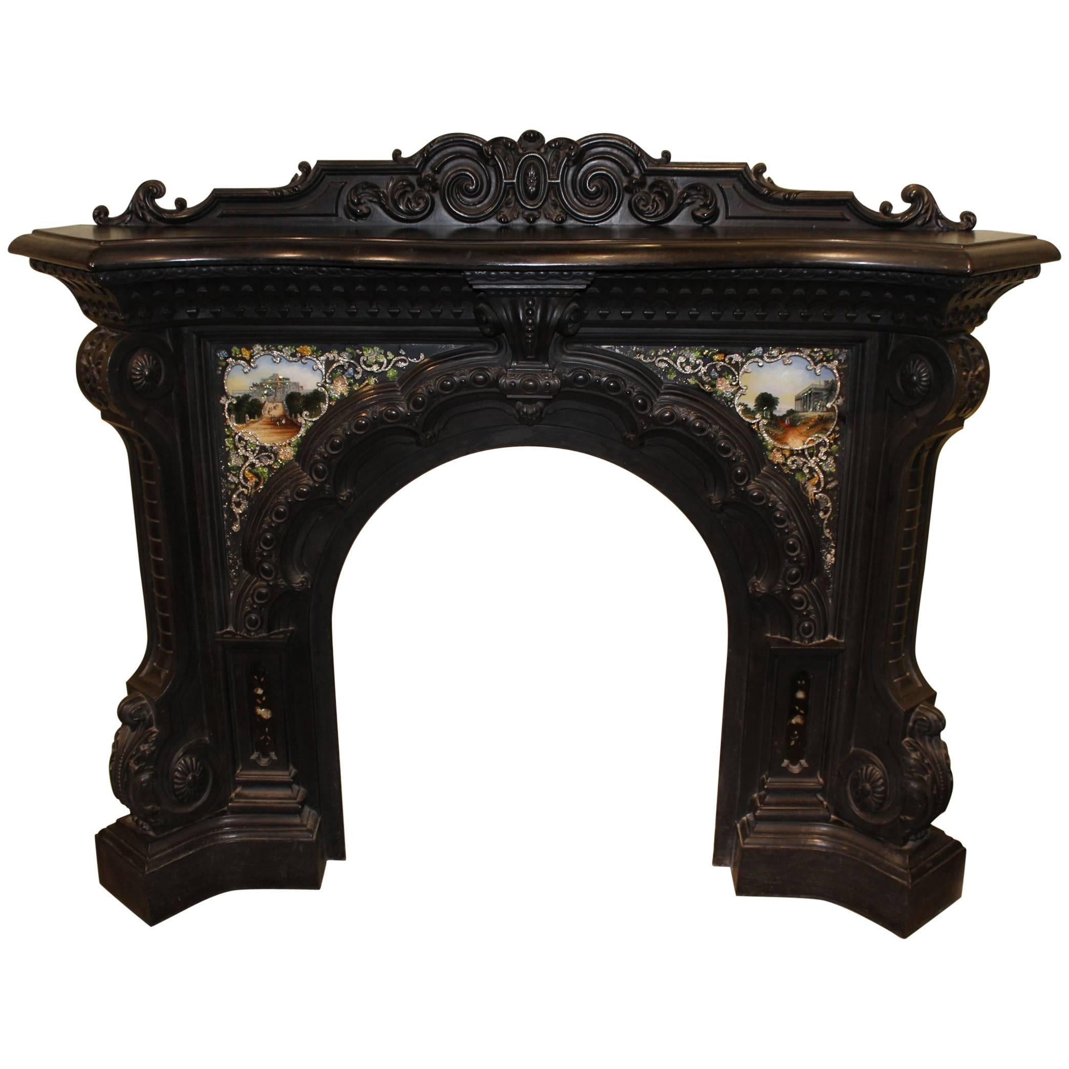 Exceptional Hiram Tucker Boston MA Cast Iron Fireplace Mantel with Églomisé