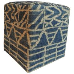 African Blue and Natural Vintage Textile Upholstered Square Ottoman
