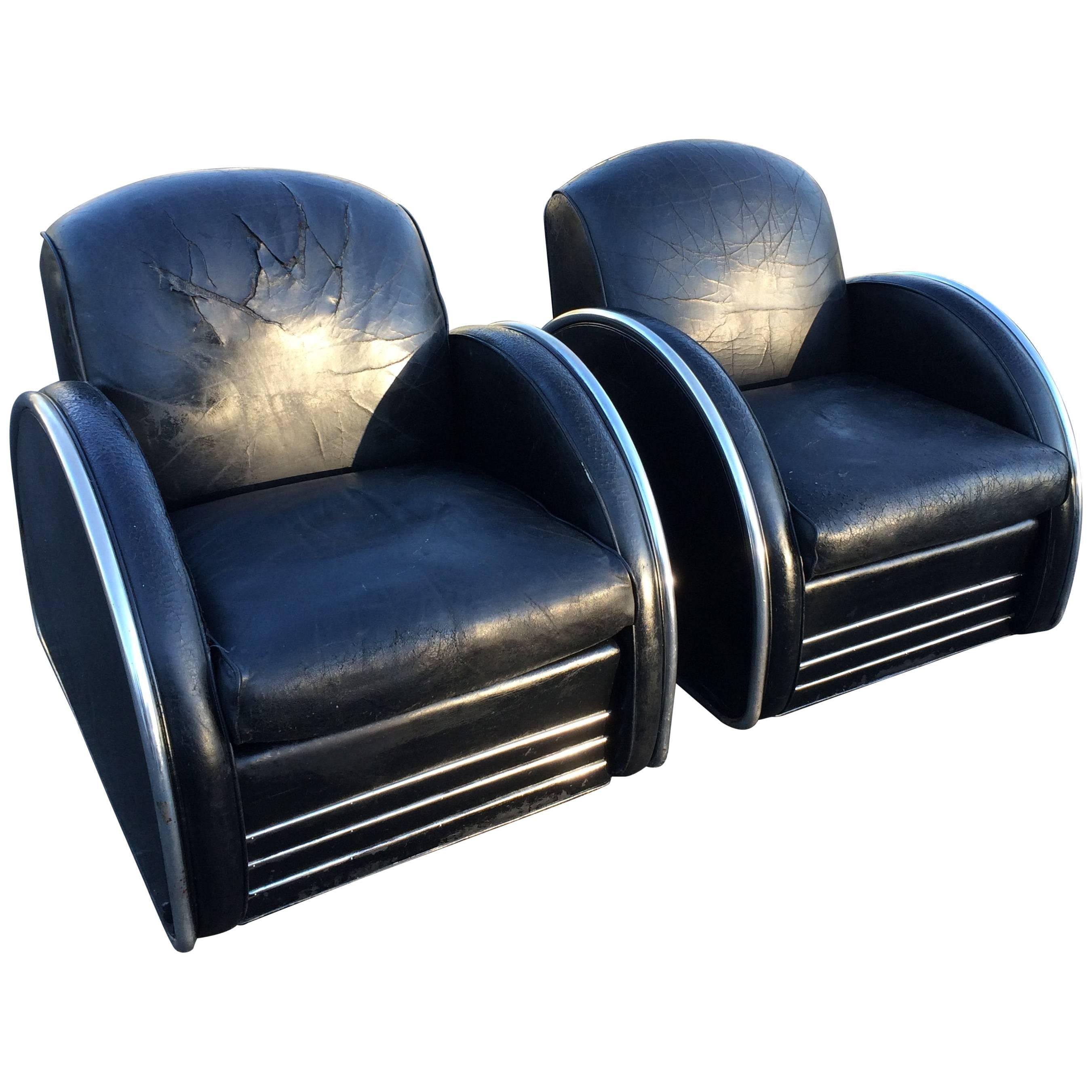 Pair of Distressed Leather Art Deco Club Chairs