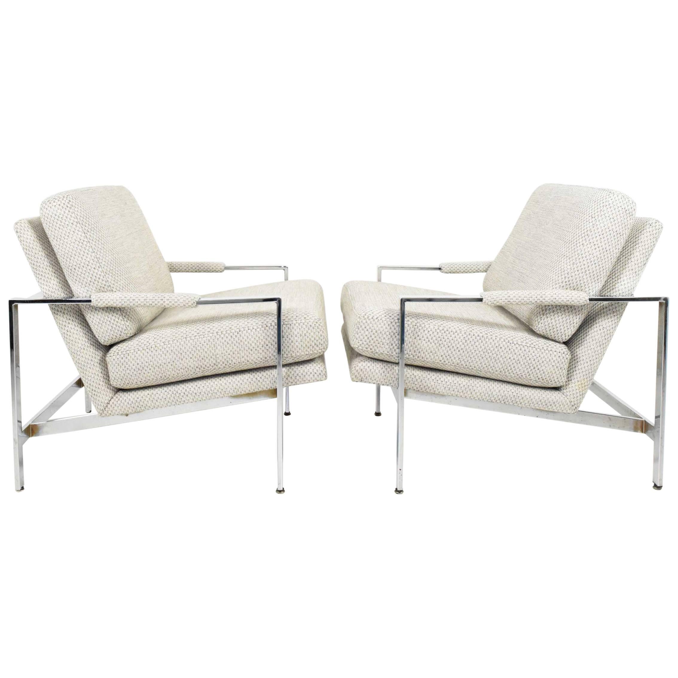 Milo Baughman Chrome Frame Lounge Chairs in Neutral Color New Upholstery