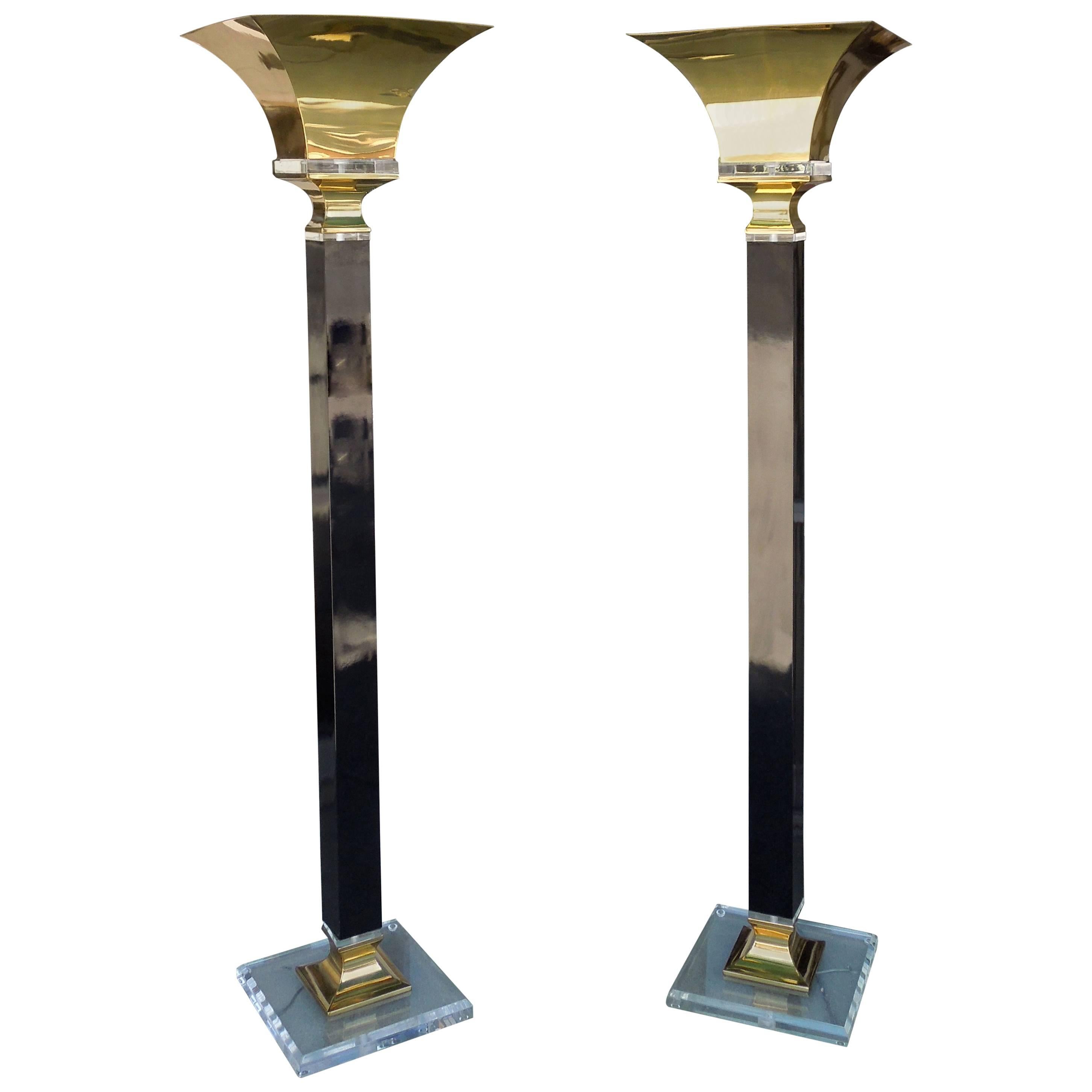 Pair of Glamorous Hollywood Regency Brass and Lucite Torchieres