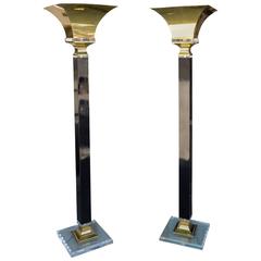 Pair of Glamorous Hollywood Regency Brass and Lucite Torchieres