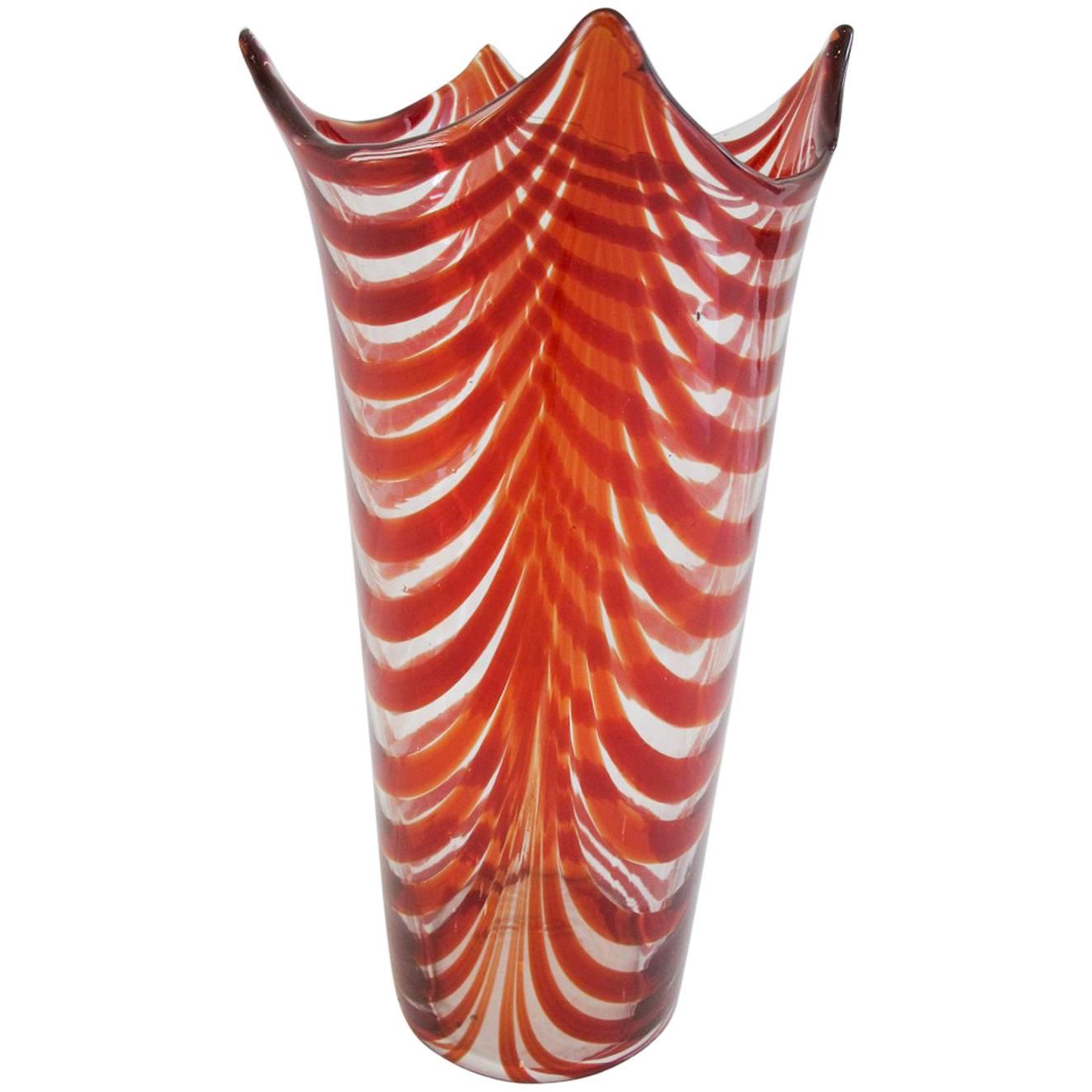 Vibrant Red and Clear Glass Vase by Venini Murano